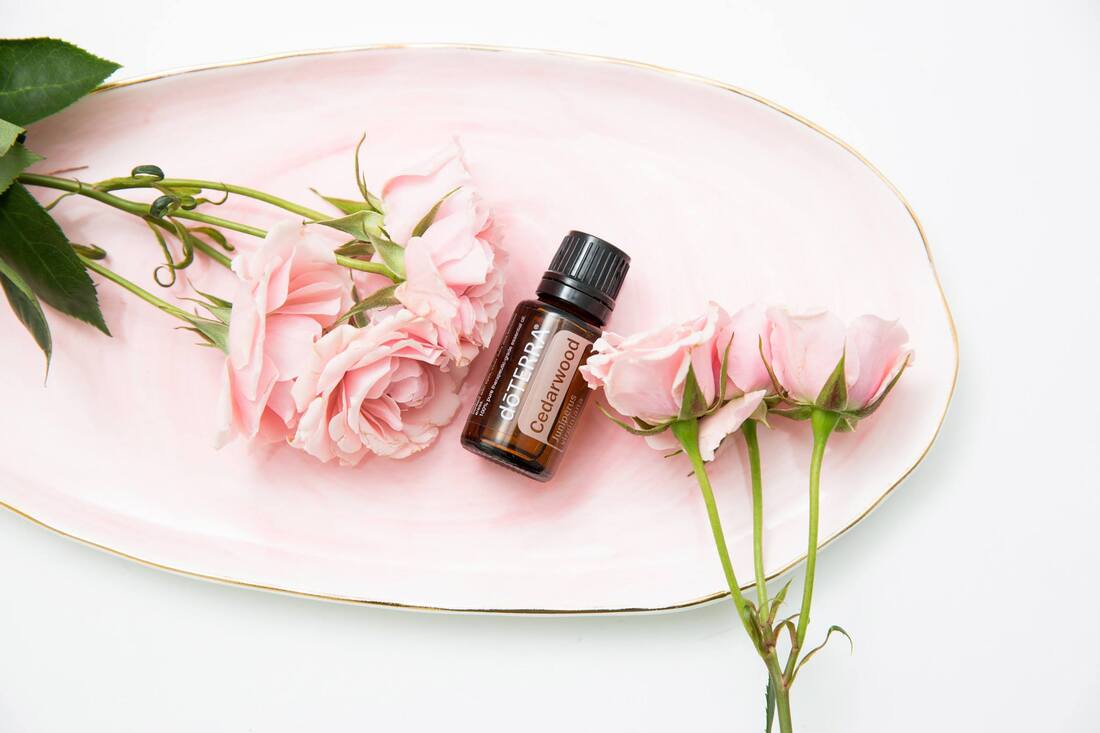 Cedarwood essential oil on a plate with light pink roses
